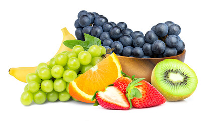 Heap of different fresh organic fruits isolated on white background.  