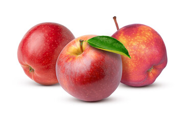 Three whole red apples with green leaf isolated on white background. Full depth of field.
