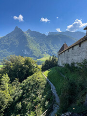 montañas con árboles verdes de los alpes suizos con cielo azul. Camino hacia el pueblo de Gruyeres