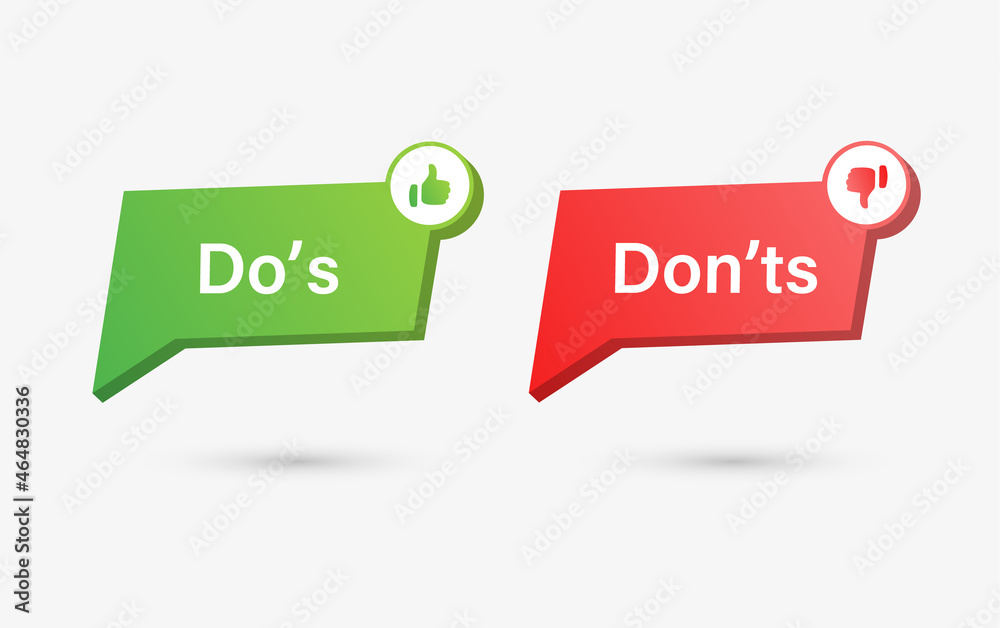 Fototapete dos and donts icons with 3d speech bubble - thumbs up or thumb down. like or dislike - do's and don'
