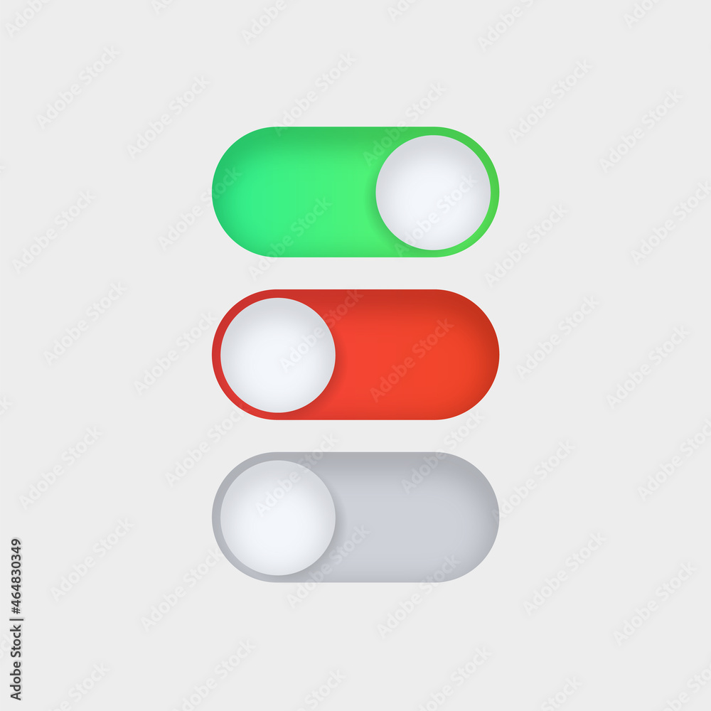 Poster On Off toggle switch buttons, checkmark icons yes or no with switch slider in modern toggle, green tick and red cross symbols for user interface, apps and website