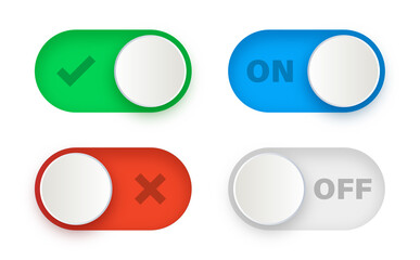 On Off toggle switch buttons, checkmark icons yes or no with switch slider in modern toggle, green tick and red cross symbols for user interface, apps and website
