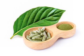 Kratom leaf (Mitragyna speciosa) with dry plant and natural herbal medicine powder capsule isolated on white background.