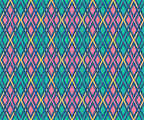 Abstract geometric drawing with lines, rhombus Seamless vector background. Turquoise-pink texture