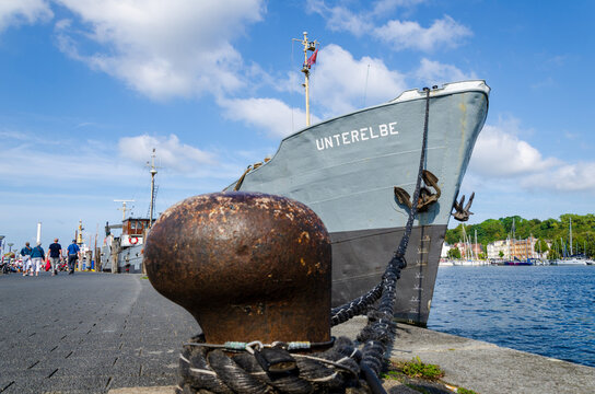 Flensburg, Germany - September 04, 2021: "UNTERELBE" boat is moored in port of Flensburg