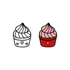 Hand drawn colored and outline cupcake.