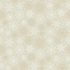 Winter seamless background with snowflakes pattern. Silver gold boho nautral baige Christmas motif.