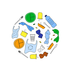 Hand drawn plastic trash in circle.