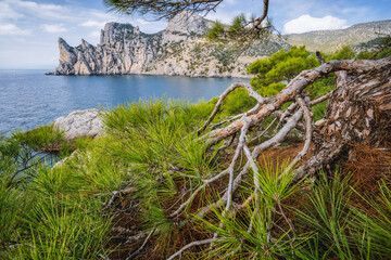 Fototapeta na wymiar Landscape view of Karaul-Oba mountain and Blue bay in Crimea, New Light resort, Russian Federation