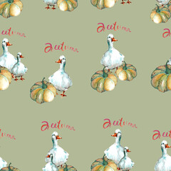 WATERCOLOR ILLUSTRATION SEAMLESS PATTERN ,WHITE GOOSE WITH PUMPKIN,LETTERING-AUTUMN,FOR WALLPAPER OR FABRIC