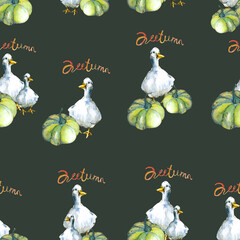 WATERCOLOR ILLUSTRATION SEAMLESS PATTERN ,WHITE GOOSE WITH PUMPKIN,LETTERING-AUTUMN,FOR WALLPAPER OR FABRIC