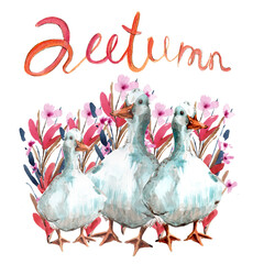 WATERCOLOR ILLUSTRATION  TREE SMALL GEESE ON A BACKGROUND OF BRIGHT WILDFLOWERS,LETTERING AUTUMN,FOR A CARD OR INVITATION