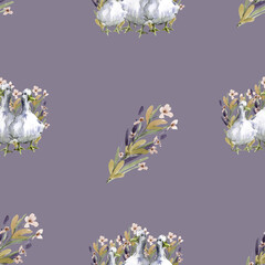 BOTANICAL WATERCOLOR ILLUSTRATION SEAMLESS PATTERN ,GEESE AND WILD FLOWERS,FOR WALLPAPER OR FABRIC