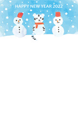 水彩手描きの虎の雪だるまの2022年年賀状テンプレート(縦)