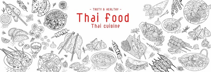Thai food menu restaurant. Thai food sketch menu. Asian food background. Asian food poster.  Vector illustration.