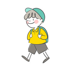 배낭을 매고 캡 모자를 쓴 아이 걸어가는 일러스트
