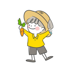 밀짚모자를 쓰고 당근과 삽을 들고 있는 아이 일러스트