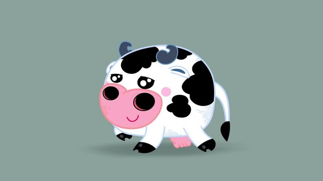 Cartoon isolated kawaii cow walking character. Sweet domestic animal. Good for any movie, presentation, etc... Funny children animation. Alpha channel, seamless loop.