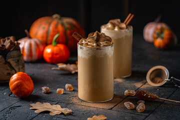Autumn pumpkin spice latte with whipped cream and cinnamon on dark background