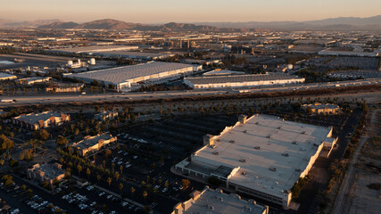 Sunset aerial view of the industrial core of downtown Rancho Cucamonga, California, USA.