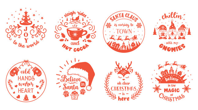 Christmas round signs with greeting quotes and words. Set of Christmas symbols and emblem designs. Winter holiday cards and badges.