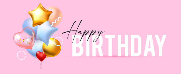 Fototapeta na wymiar Happy Birthday with foil balloons. Glossy celebration design template. Anniversary, sale, baby shower and wedding invitation.