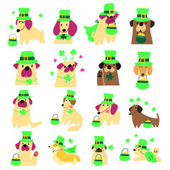 Set of dogs wearing costumes for St. Patrick's day. Illustrations on white background.