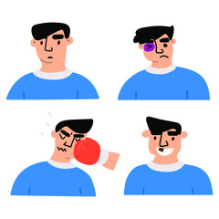 Set of men icons avatars with injuries. Vector illustration on white background. 