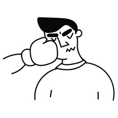 Hand in boxing glove punch man. Outline vector illustration on white background. 