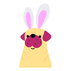 Pug face. Bunny ears. Easter party costume. Illustration on white background.