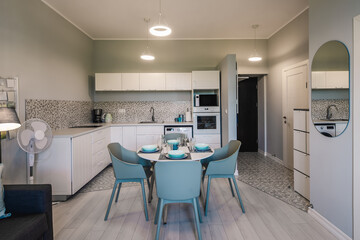 Contemporary interior of modern apartment. Kitchen with appliances. Dinner table. Entrance door.