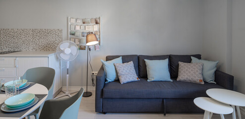 Modern interior of living room in studio apartment. Grey tones. Lamp near cozy couch with cushions. Dinner table.
