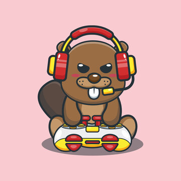recommend clip art: Cute beaver gaming player. Cute animal cartoon illustration. Vector isolated flat illustration for poster, brochure, web, mascot, sticker, logo, icon, etc. 