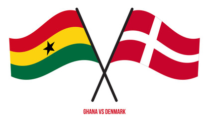 Ghana and Denmark Flags Crossed And Waving Flat Style. Official Proportion. Correct Colors.