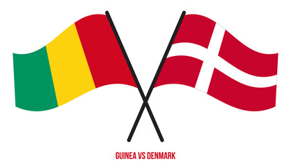 Guinea and Denmark Flags Crossed And Waving Flat Style. Official Proportion. Correct Colors.