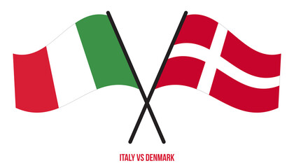 Italy and Denmark Flags Crossed And Waving Flat Style. Official Proportion. Correct Colors.