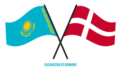 Kazakhstan and Denmark Flags Crossed And Waving Flat Style. Official Proportion. Correct Colors.