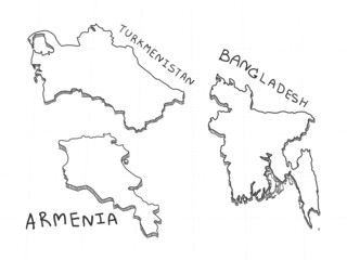 3 Asia 3D Map is composed Armenia, Bangladesh and Turkmenistan. All hand drawn on white background.