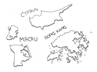 3 Asia 3D Map is composed Cyprus, Hong Kong and Macau. All hand drawn on white background.