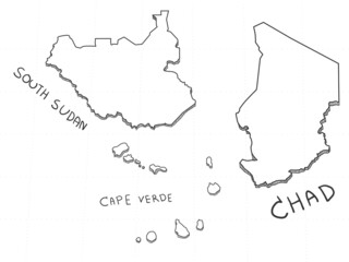 3 Africa 3D Map is composed Chad, Cape Verde and South Sudan. All hand drawn on white background.