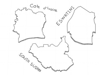 3 Africa 3D Map is composed Cote d'Ivoire, Eswatini and South Sudan. All hand drawn on white background.