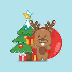Cute beaver carrying christmas gift. Cute animal christmas cartoon illustration. Vector isolated flat illustration for poster, brochure, web, mascot, sticker, logo, icon, etc. 