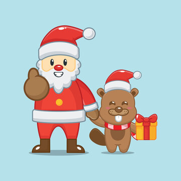 Cute beaver with santa claus. Cute animal christmas cartoon illustration. Vector isolated flat illustration for poster, brochure, web, mascot, sticker, logo, icon, etc. 
