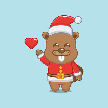 Cute beaver with santa costume. Cute animal christmas cartoon illustration. Vector isolated flat illustration for poster, brochure, web, mascot, sticker, logo, icon, etc. 