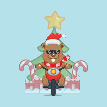 Cool beaver ride a motorcycle. Cute animal christmas cartoon illustration. Vector isolated flat illustration for poster, brochure, web, mascot, sticker, logo, icon, etc. 