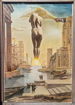 Painting by Salvador Dali "Dali`s hand drawing back the golden fleece in the form of a cloud to show Gala the dawn completely nude, very, very far away behind the sun. Homage to Cluade Lorrain "