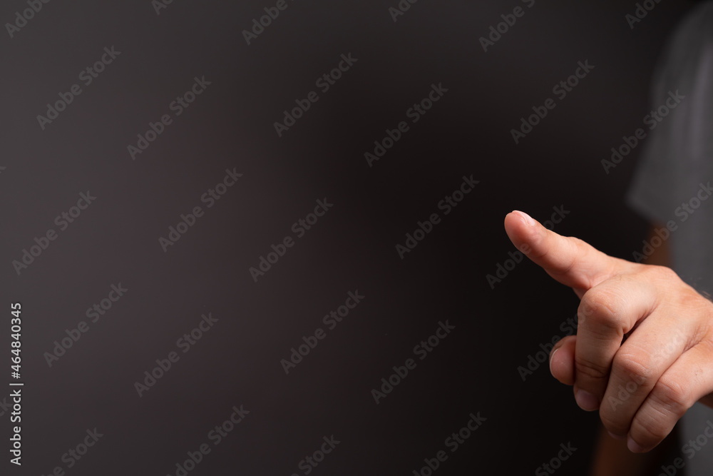 Poster businessman pointing or touching finger in screen..