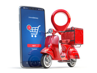 Fast online express delivery concept. Red scooter with delivery bag  and  mobile app on the screen of smartphone. - 464840388