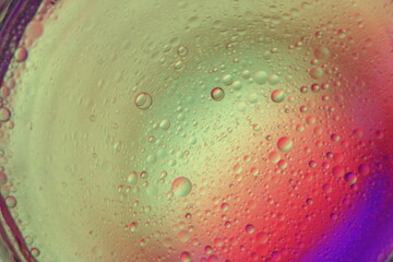 Close view of oil bubble. Macro of colorful oil bubble. Beautiful background of oil bubble. 