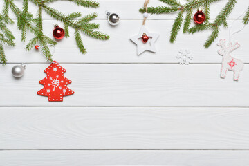Fototapeta na wymiar Happy New Year and Christmas. Holiday banner, postcard. Red and white decor for the Christmas holiday.